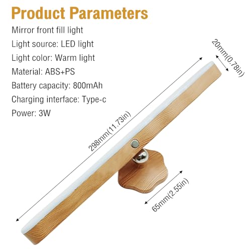 Peppy Wiederaufladbare LED-Spiegelleuchten, magnetische Badezimmer-Leuchten, dreistufig, dimmbar, Touch-Steuerung, Schminklichter, Holzspiegelleuchte für Badezimmer, Wohnzimmer, Schlafzimmer