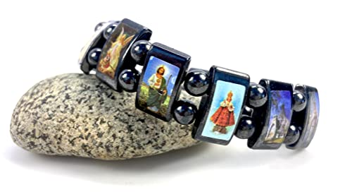 Purple Whale Unisex Created Hematite Beaded Bracelet with Assorted Images of Saints, Jesus, Guardian Angels | Religious Adjustable Bracelet | Ideal Catholic Jewelry Gift (Blue)2