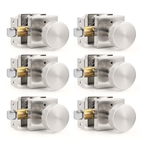 Orger Brushed Nickel Privacy Door Knobs Interior, Zinc Alloy Keyless Stain Nickle Door Knobs with Lock for Bedroom and Bathroom, Knurled Heavy Duty Silver Square Base Modern Doorknobs, 6 Pack