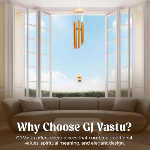 Image of GJ Premium Wooden Wind Chimes for Home & Office | 7 Pipe Metal Rod Wind Chimes with Wooden Top 16-24 CM Tubes | Soothing Sound, Positive Energy for Balcony, Entrance & Garden (Gold1)