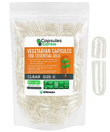 XPRS Nutra Size 0 Empty Capsules - Clear Veggie Capsules for Essential Oils - Capsules Express Empty Vegetable Capsules for Essential Oils - DIY Oil Filling Works with Most Essential Oils (100)