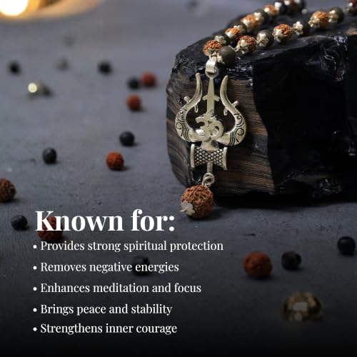Image of Original Rudraksha & Karungali Mala 8mm 54 Beads with Shiva Trishul Pendant | Authentic Ebony Wood Spiritual Necklace for Protection, Meditation, Focus & Positive Energy | Prayer Mala for Men & Women | Certificate of Authenticity