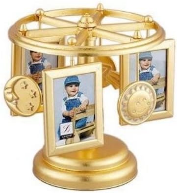 Wind Up Musical Carousel Picture Frame - Gold Sun Moon and Stars Design - Holds 6 2x3 Photos