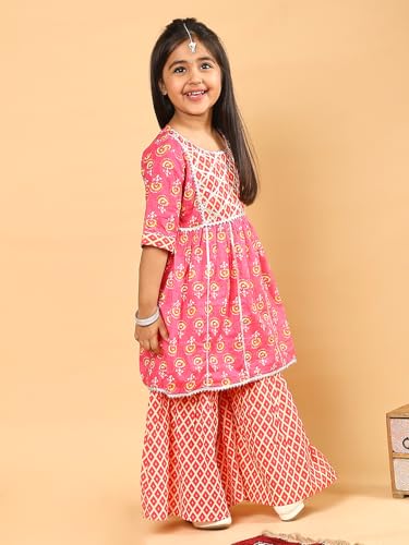 Image of superminis Baby Girl's Cotton Sanganeri /Floral Printed Frock Style Kurti With Printed Sharara Dress Clothing Set
