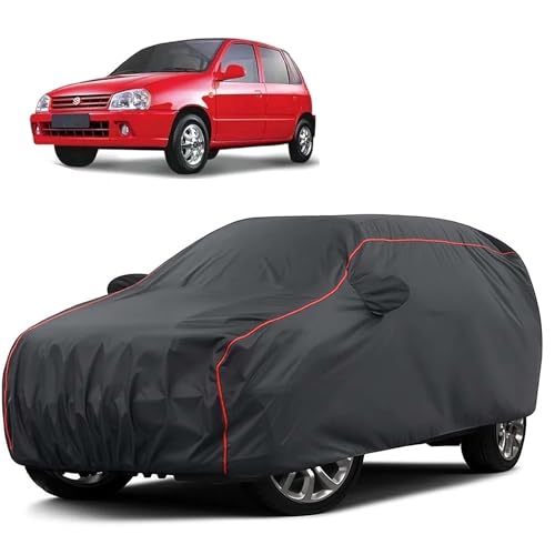 Image of Sulfar 100% Water Resistant Car Body Cover Compatible with Mirror for Maruti Suzuki Zen (Triple Stitched, Full Bottom Elastic, Dark Grey Taffeta with Red Piping)