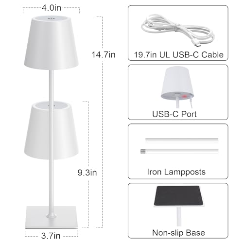 Image of Kakanuo White Gold Cordless Rechargeable Table Lamp 5000mAh Battery Operated Lamps, 3 Colors Stepless Dimming Touch Lamp for Living Room, Kitchen Counter, Dining, Outdoor Patio, 2 Pack