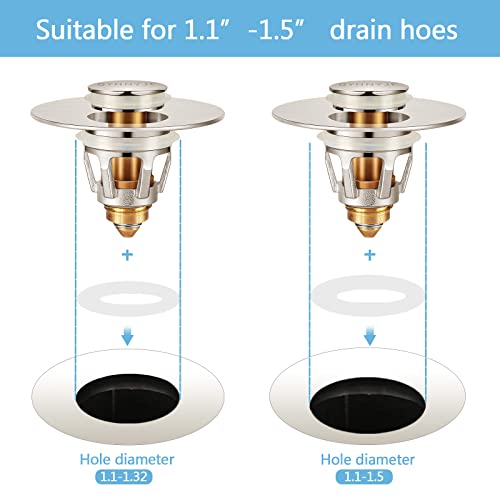 Image of QYHNYJF Bathroom Sink Stoppers Brushed Nickel - Pop Up Drain Stopper & Strainer, 2-in-1 Universal Sink Stopper for 1.1 inch to 1.5 inch Bathroom Sink Drain Pipes, Brushed Nickel Finish