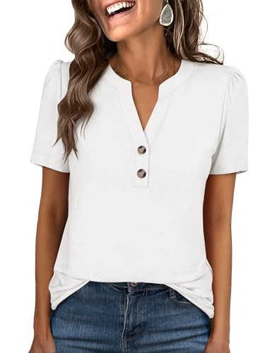 ANRABESS Womens Tops Business Casual 2026 Spring Short Sleeve Henley V Neck Shirts Dressy Work Blouse Summer Trendy Clothing White Large
