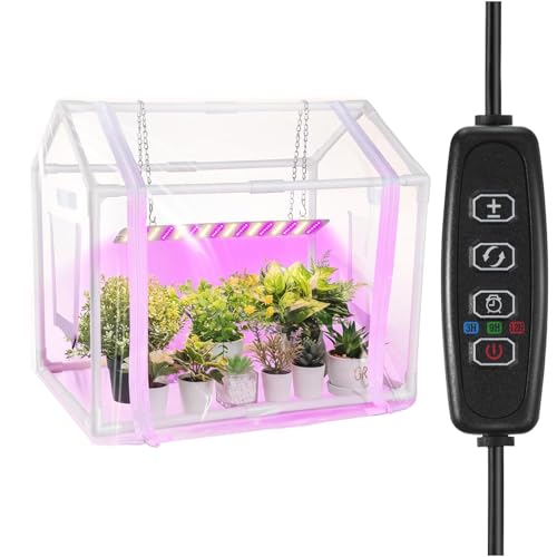 Kit de mini invernadero de 23.6 x 15.7 x 19.6 pulgadas con luz de crecimiento, luz de planta de 15 W con temporizador automático, planta de interior para brillo ajustable para invernadero interior