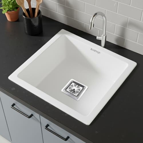 Image of BASINQU Quartz Sink for Kitchen | 18x16x9 Inches White Single Bowl Kitchen Sink | Granite UV Protected, Granite Scratch Resistant, Undermount /Topmount