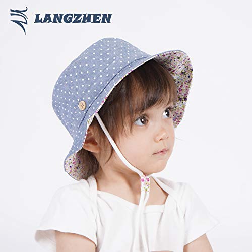 Langzhen Sun Protection Hat For Kids Toddler Boys Girls Wide Brim Summer Play Hat Cotton Baby Bucket Hat With Chin Strap (Denim Blue - Dots, M: 1T-2T (50Cm /19.7")) #TOP4