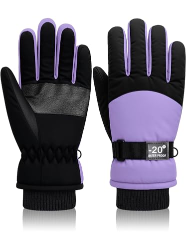 Geyoga Jetec Kids Waterproof Winter Snow Ski Gloves for Boys Girls Warm Thickening Snowboard Gloves Outdoor(Light Purple,6-10 Years)