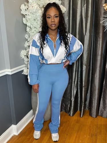 Remelon Womens 2 Piece Sweatsuits Color Block Long Sleeve Zipper Cropped Jacket Legging Pants Set Tracksuit Jogger Outfits4
