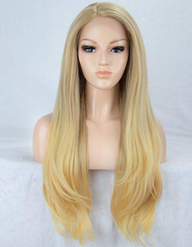 K'ryssma Ombre Lace Front Wig Blonde Side Parting Long Natural Straight Synthetic Wig for Women Heat Resistant 22 inches
