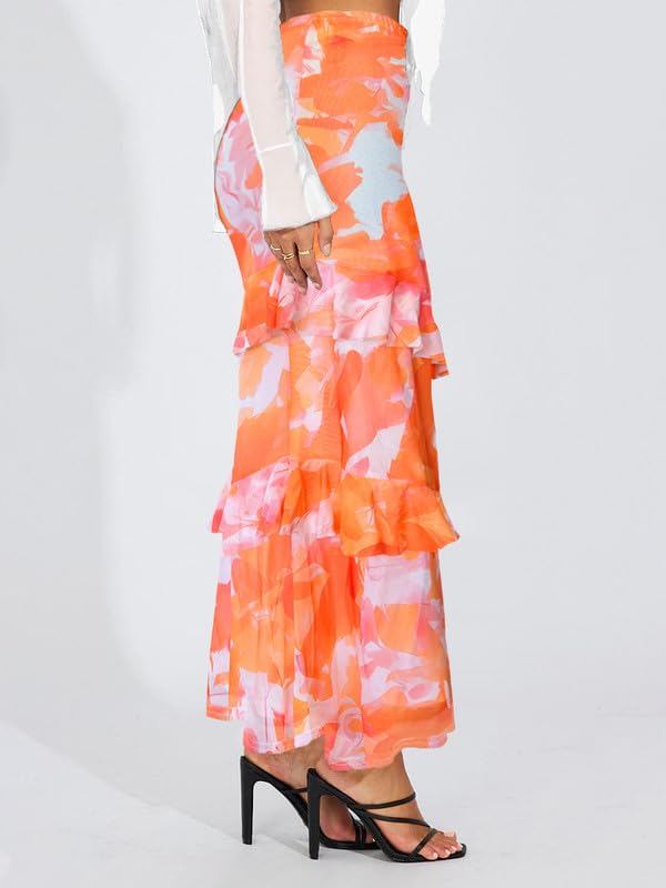 WISFRUIT Women's Floral Print Mesh Maxi Skirt Tiered Ruffle High Waisted Flowy Summer Long Skirt2
