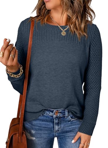 EVALESS Womens Sweaters Casual Long Sleeve Crewneck Cable Knit Lightweight Oversized Crochet Sweater Pullover Tops
