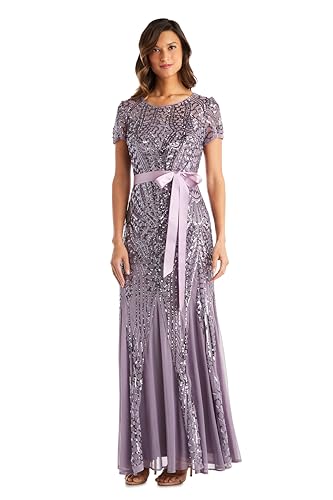 Image of R&M Richards Women's Sequin Evening Gown with Panel Godet Skirt, Ribbon Sash & Short Sleeve for Mother of the Bride, Party