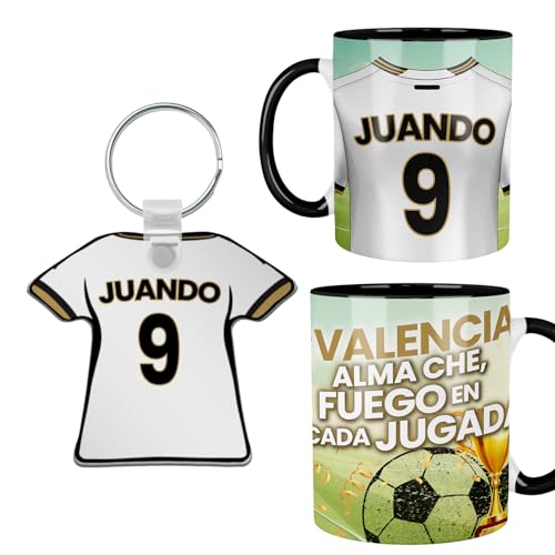 Kembilove® Pack Taza y Llavero Valencia C.F. Personalizados | Nombre y Número | Regalo Che para Aficionados | Taza Fútbol Personalizada Niño Adulto | Detalle Fan del Valencia Original