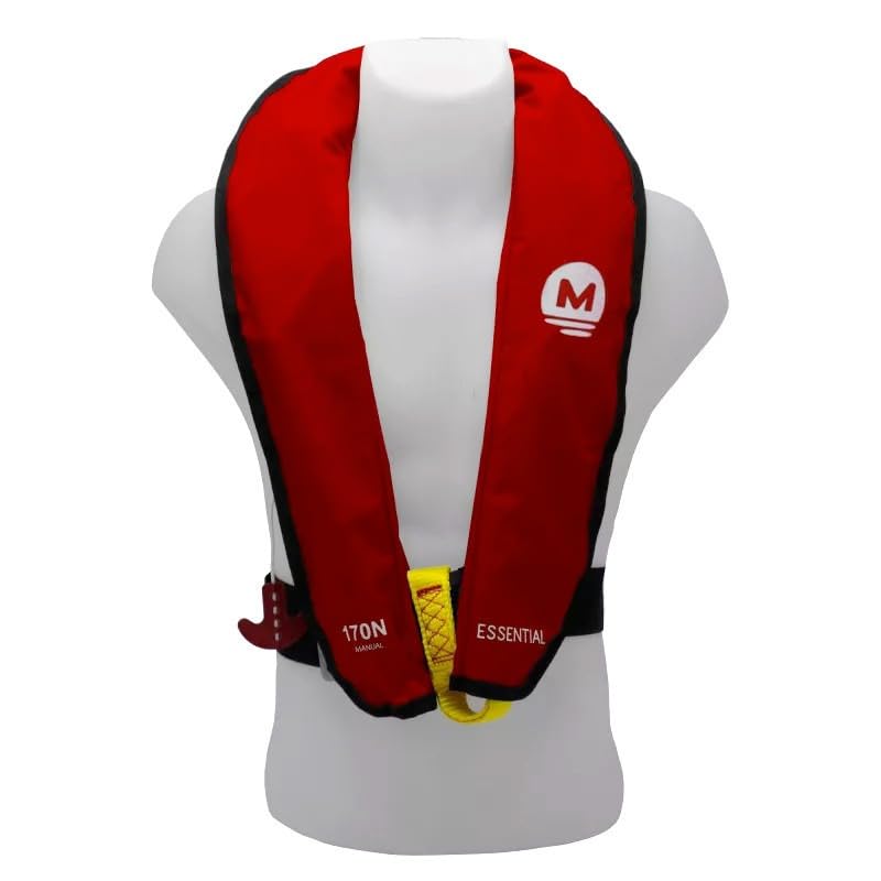 Chaleco Salvavidas Hinchable Manual 170 N Essential – sin Arnés – Seguridad Marina ISO 12402-3 – Silbato y Anillo en D – Reajustable – Confort y Visibilidad (Rojo)