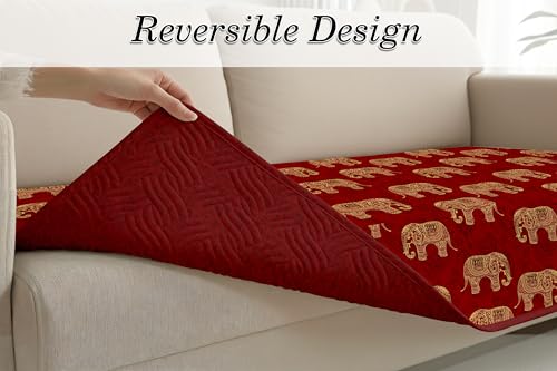 Image of Cloth Fusion 300 GSM Quilted Jaipuri Theme Printed 2 Seater Sofa Cover Mat-Style Fully Covered with Armrest Pockets, Adjustable Straps & Lock Fit (120 cm Seat Run, Elephant Block)