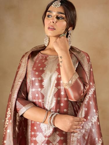 Image of INDO ERA Women's Purple Silk Blend Woven Design Straight Kurta and Pant with Dupatta Set (IESTR5599)