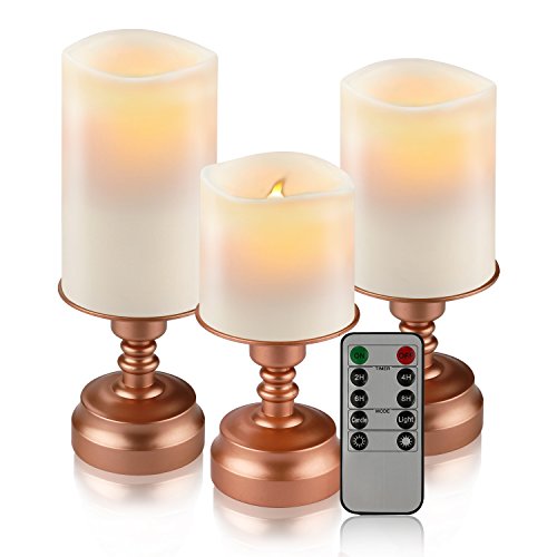 Flameless LED Battery operated Candles Ivory Color with Remote 24-hour Timer Function in Bronze Base - Set of 3