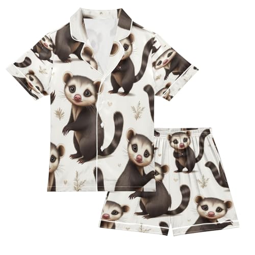 Satin Pajama Sets Short Sleeve Cute Opossum Raccoon Button Down Silky Nightwear 2 Piece PJS 5-14Y