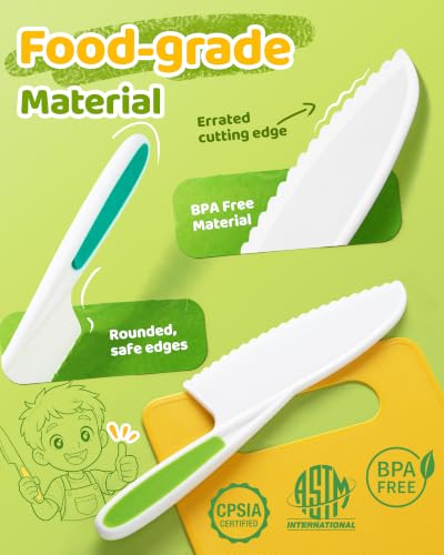 Image of Yeeammk Kids Knife Set for Real Cooking, 5 Pcs Kid Safe Plastic Kitchen Knife Set with 3 Knives and 2 Cutting Boards, Montessori Cooking Set for Kids