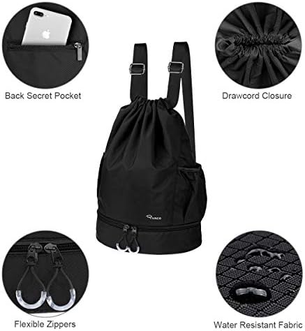 RYACO Drawstring Backpack Sports Gym Bag, Water Resistant String Sackpack Large Size with Zipper and Water Bottle Mesh Pockets for Gym Shopping Sport Yoga School Swimming Beach