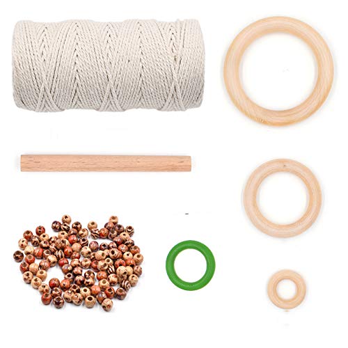 Image of 3mm 110Yards Natural Macrame Cotton Cord Thread With Wooden Beads, Rings, Sticks for Knitting Crafts, Wall Hanging, Plant Hangers, Handicrafts, Home Decoration, Handmade DIY