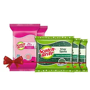 Scotch-Brite Non-Scratch Sponge Scrub for Ceramics, Non -Stick, Glassware (2 Units) & Scotch-Brite Silver Sparks Scrub pad for dishwashing (3 Units)