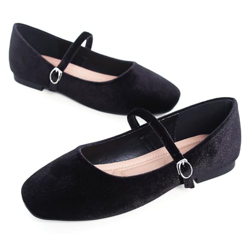 Image of TN TANGNEST Leather Flats for Women Retro Mary Jane Flats | Comfortable Square Toe Slip On Flats with Buckle Strap, Soft Work Flats Office Shoes