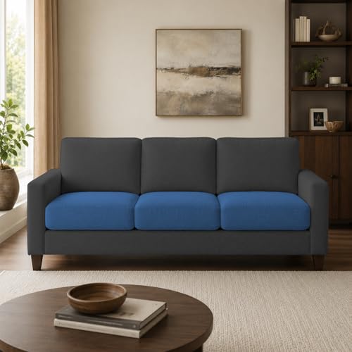 Image of Casaliving Gladino Modern Velvet Fabric Sofa, Tufted Design Upholstered 3 Seater Sofa Set for Living Room, Premium Velvet Fabric Sofa (Blue Black)