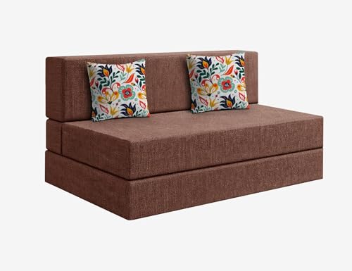 Image of Los Angeles Foldable Two Seater Sofa Cum Bed, Sofa Bed 4 X 6 Feet Jute Fabric Washable Cover- Including Cushion Perfect for Living Room & Office, Guest Room - Brown Color