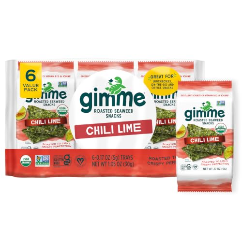 Image of Gimme Seaweed Organic Premium Roasted Seaweed Snack Chili Lime, .17oz, 6 CT | Keto, Vegan, Gluten Free, Great Source of Iodine & Omega 3's, Healthy On-The-Go Snack for Kids Adults