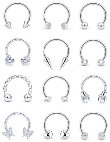 Lcolyoli Septum Rings 16G Surgical Steel Septum Jewelry Smiley Piercing Jewelry Daith Rook Earrings for Women Men Horseshoe Hoop Earring CZ Heart Butterfly Nose Rings 10mm