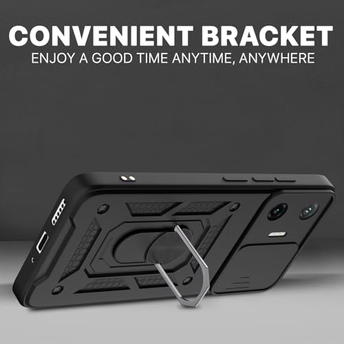 Image of Outlouders Back Cover for Poco F7 5G | D10 Tough Armor 360 Protection Case with Sliding Camera Shield & Ring Holder Stand Bumper Case (Black)