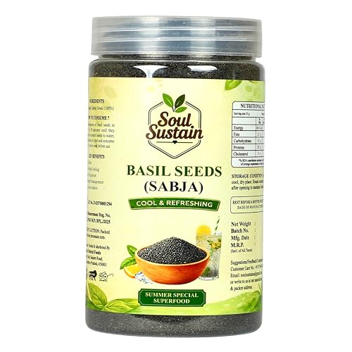Image of SoulSustain Basil Seeds Sabja Seeds 420 Gram for Drinks Falooda Detox Fiber Rich Tukmaria Seeds for Digestion Cooling Summer Drink Ingredient Natural Sweet Basil Seeds for Soaking Beverages.