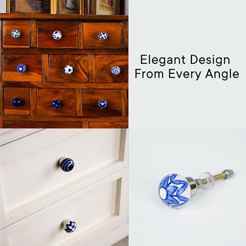 Image of Indian-Shelf 6 Blue White Ceramic Cabinet Knobs Vintage Floral Drawer Pulls
