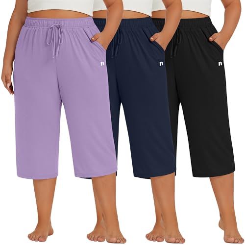 Neer 3 Pack Women's Plus Size Capris, Cotton Wide Leg Pants Casual Drawstring Capri Sweatpants Drawstring Pants with Pockets2