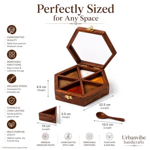 Image of Sheesham Wooden Table Top Masala Dabba Containers Jars & Kitchen Spice Box with Spoon Masala Box For Kitchen (Sheesham Wood, Removable Partitions, Brown), 50 Ml