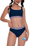 Beautikini Period Swimwear for Teens Two Piece Menstrual Leakproof Swimsuit Bikini Set Mid Waist Print Bathing Suit for Girls Blue M