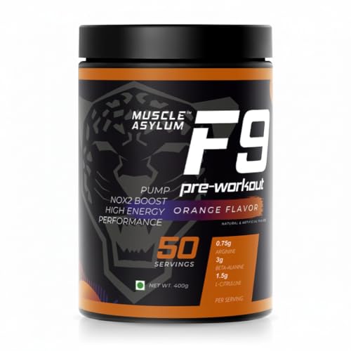 Image of Muscle Asylum F9 Pre-Workout - 50 Servings, 400gm (Orange Flavor) | Boosts Energy & Endurance | Improves Focus