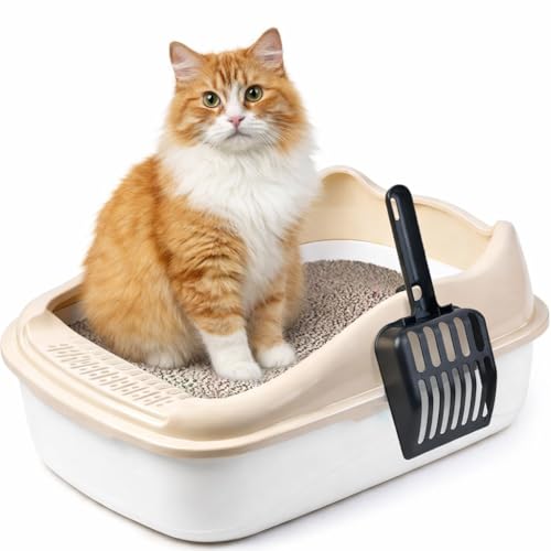 SKY-TOUCH Cat Litter Tray Box Litter Box with High Side Anti-Splashing Cats Litters Box Cat Toilet with Litter Sifting Scoop Filtered Litter Pedal Detachable Rim Easy Cleaning 48 * 35 * 18cm White