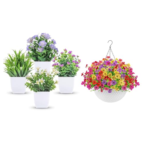 Der Rose Bundle of 4 Pack Fake Plants and 12 Pack Artificial Hanging Flowers for Patio Balcony Farmhouse Decor