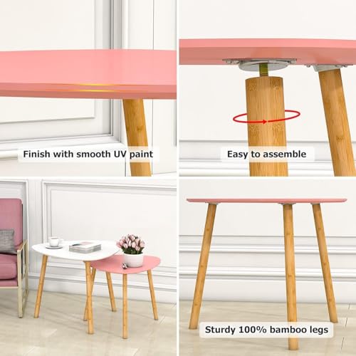 Image of Modern Wooden Nesting Side Table Set of 2 for Living Room | Space Saving Sofa Side Table | Bedside End Table | Multipurpose Accent Tables for Home Bedroom Office (Pink White, Nesting)