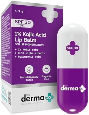 The Derma Co 1% Kojic Acid Lip Balm I With Alpha Arbutin & Hyaluronic Acid I SPF 30 PA++|Treats Pigmentation|Gives Moisturized Lips|Off White|Travel Friendly|For Dark & Pigmented Lips|4.5 g
