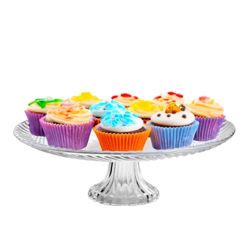 UNIQUE HOME LIVING 32cm Glass Cake Stand, Afternoon Tea Birthday Wedding Party Server Tray, Embossed Fruit Dessert Cupcake Display Stand, Reusable Food Serving Platter - Image 4