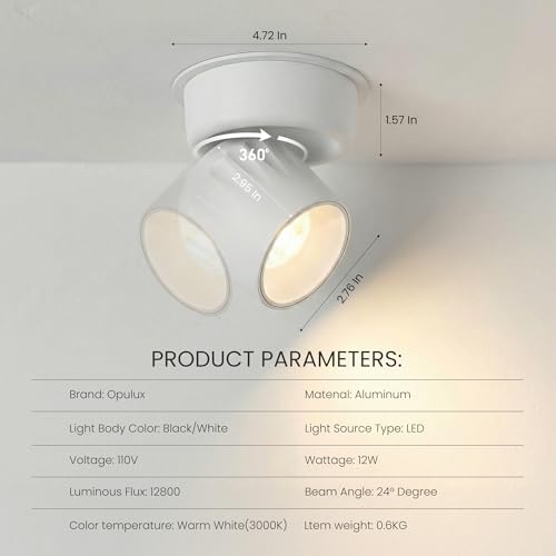 Image of 12W Directional Dimmable Indoor Ceiling Spotlight, Hardwired Fixture | Modern LED Spot Light Indoor, 350 Rotation, Surface Mount Accent Light for Picture Painting Living Room Bedroom, CRI97 White