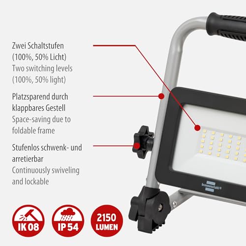 Brennenstuhl LED Akku Baustrahler EL 2000 MA (20W, 6000K, 2150lm, IP54, LED Arbeitsstrahler mit Powerbank-Funktion, 6h Leuchtdauer)